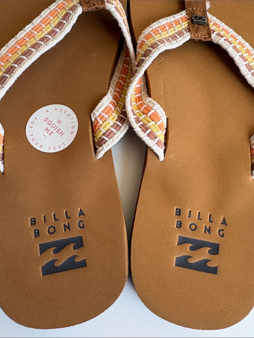 Billabong Tan Flip Flops with Orange & Cream Woven Straps women Sz 10 - Picture 3 of 6